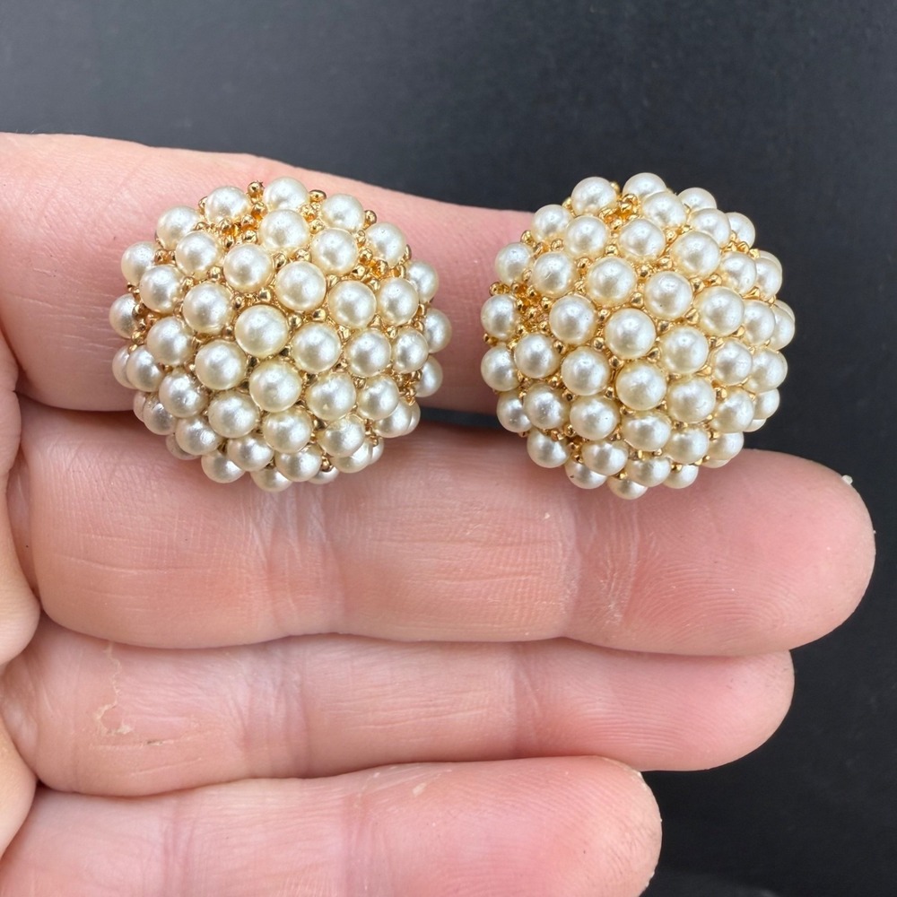 Vintage Jomaz Clip On Earrings Gold Tone Faux Pearl Cluster Dome